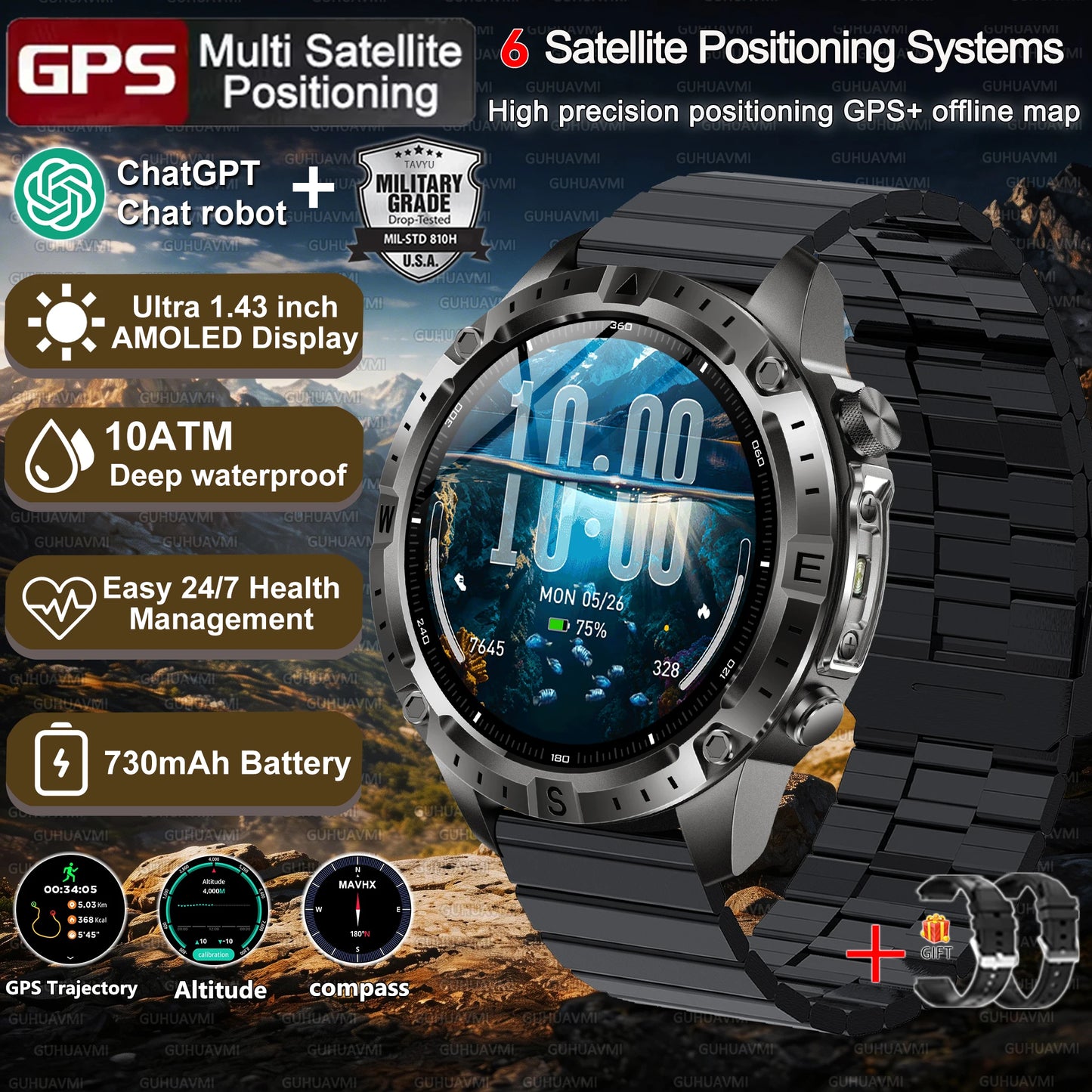 Military-Style GPS Smart Watch — Offline Maps, 10ATM, 2GB RAM