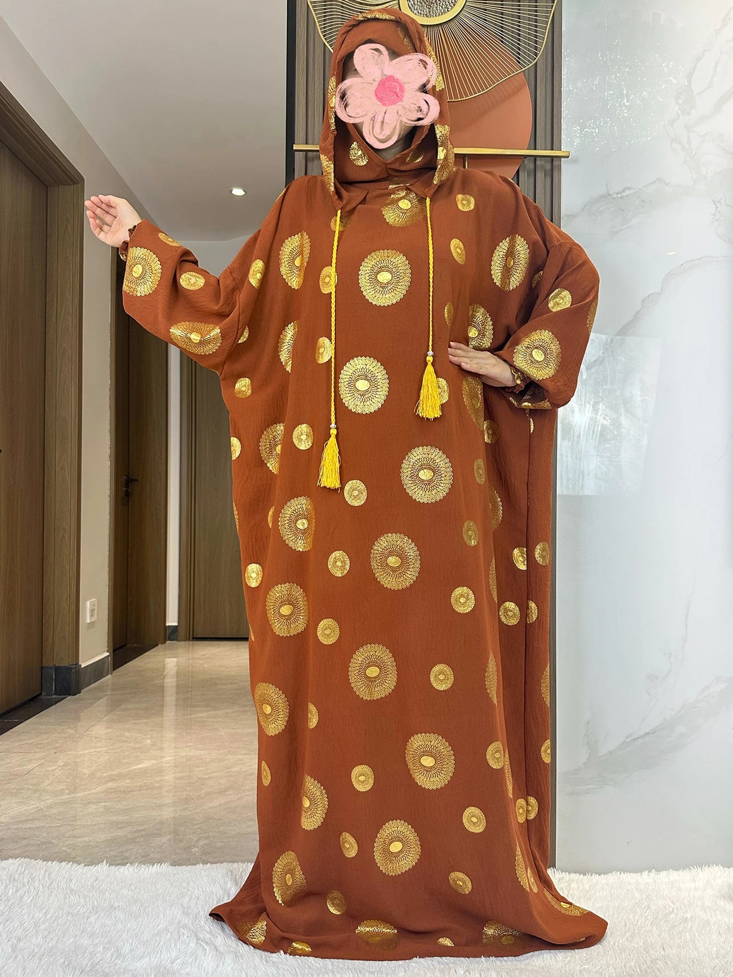 Women's Cotton Embroidered Abaya Kaftan – Gold Dust Shimmer, Loose Fit, All-Season Muslim Dress