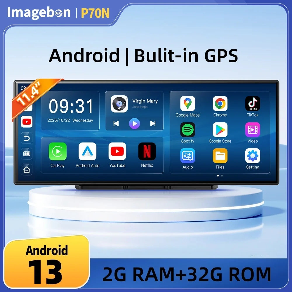 Imagebon P70N Bulit-in GPS Map Navigation 11.4" QLED Screen Android System Dash Cam Wireless Carplay Android Auto Car DVR Goggle