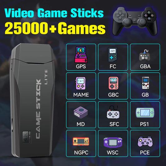 M8 Retro Game Stick – 25,000+ Games, 12 Emulators, 4K HD & 2 Wireless Gamepads | PS1/MAME/FC/SFC