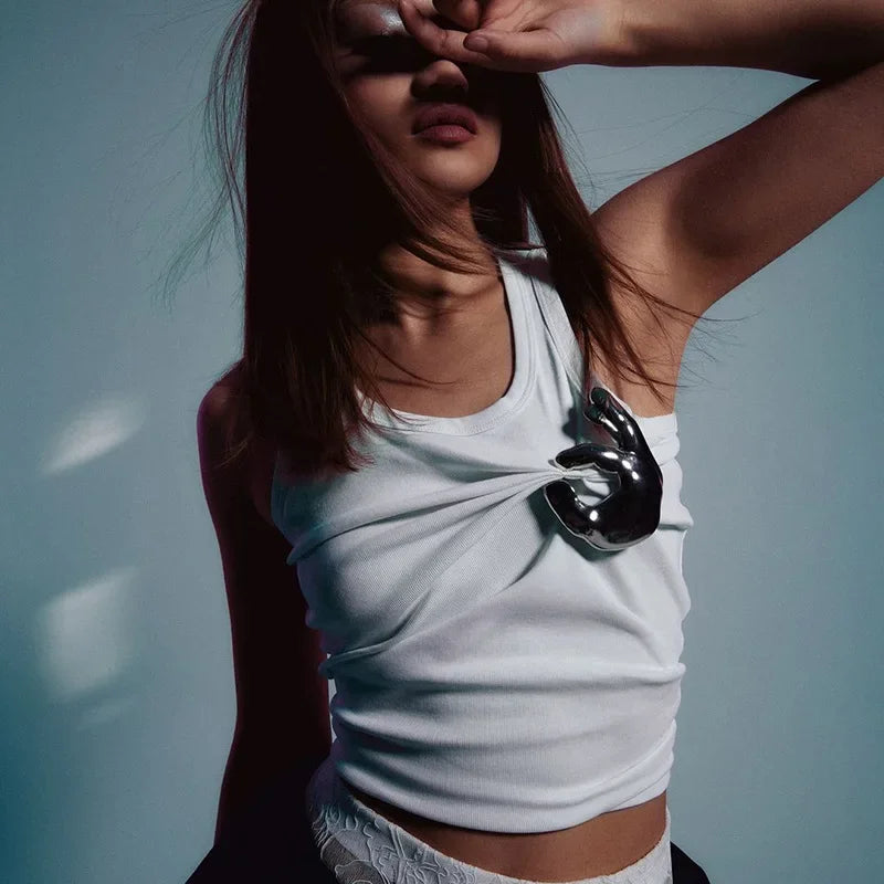 Creative Metal Decoration Tank Tops Women Edgy Clothes Y2k Accessories Sleeveless Crop Top Slim Fit Ropa De Mujer Camison Verano