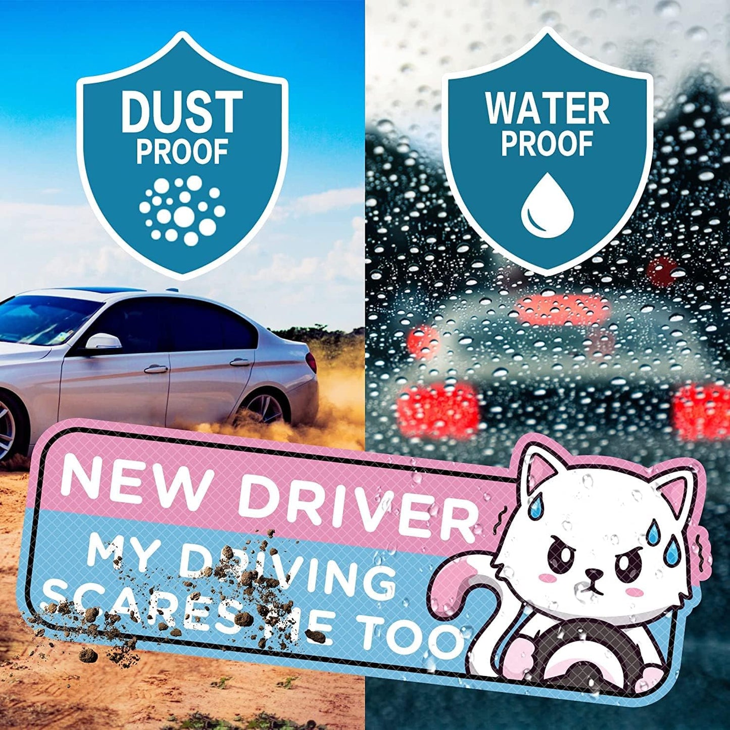 Cartoon Cat Student Driver Car Magnet – Cute Reflective New Driver Safety Bumper Sticker (Reusable)