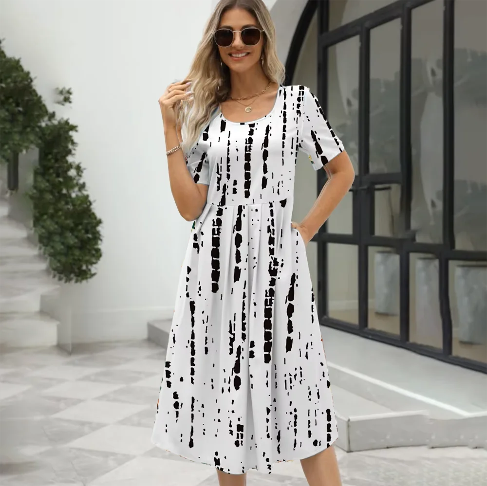 2024 Europe and the United States summer new women's fashion elegant printed round neck short sleeve zipper dress