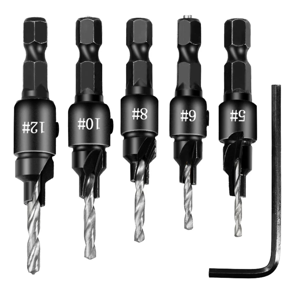 5pcs Countersink Drill Woodworking Drill Bit Set Drilling Pilot Holes for Screw Sizes #5 #6 #8 #10 #12 Cutter Screw Hole Drill