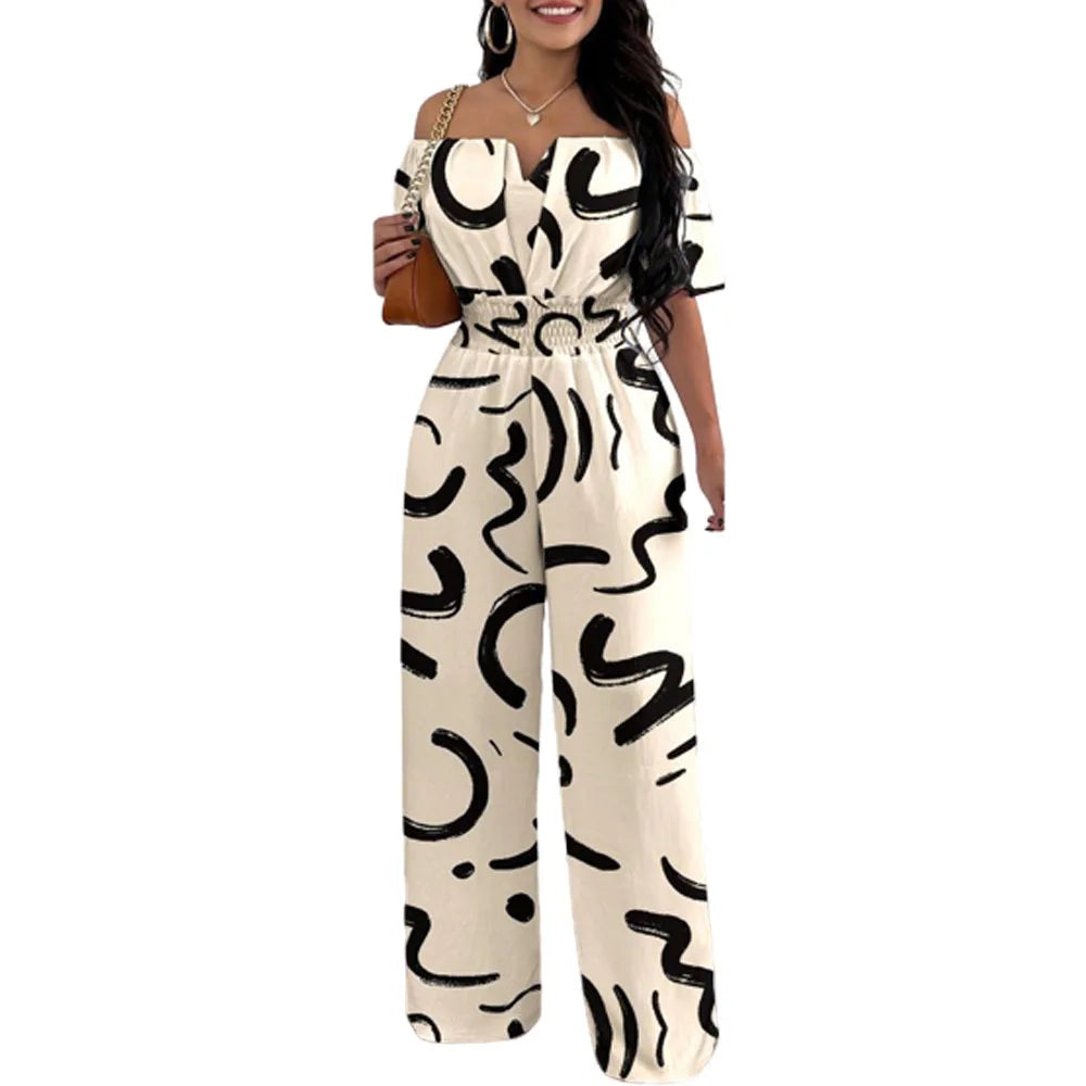 Jumpsuits for Women 2026 Spring Fashion Off Shoulder Casual Plain Short Sleeve Shirred Waist Daily Long Wide Leg Jumpsuit 2026