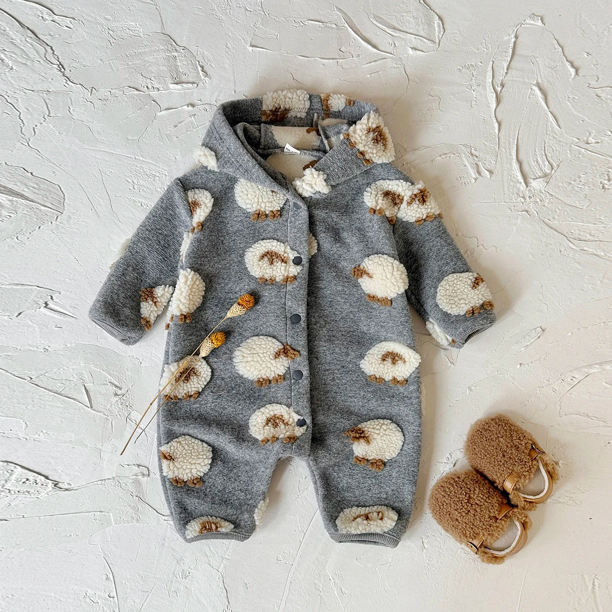 Baby Lamb Embroidered Hooded Romper - Soft Button-Front Onesie - photo 3