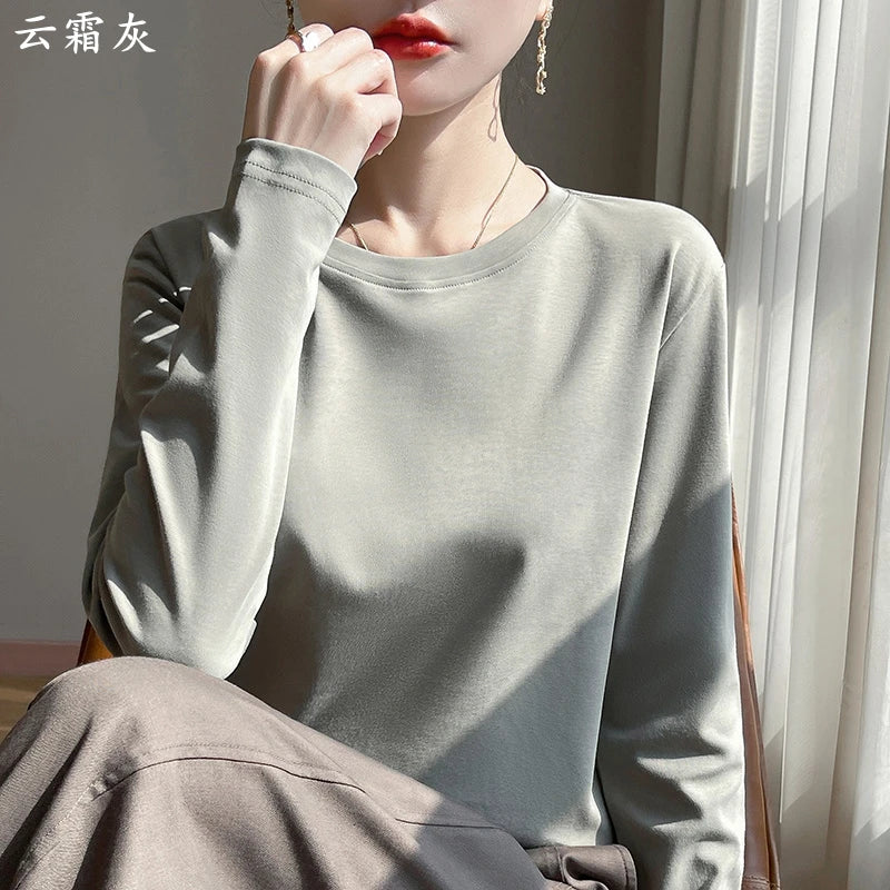 Spring And Summer New Mercerized Cotton Long Sleeve T-shirt Women's Round Neck Loose 100% Cotton Bottoming T-shirt