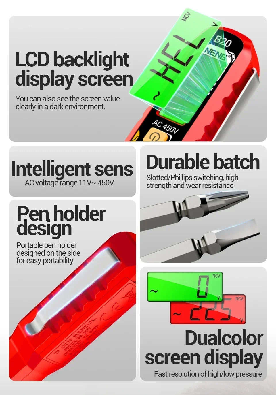 Dual-use Screwdriver Voltage Tester Pen ANENG B20 Double Head Insulated Slotted Cross Pen Screw Driver Repair Meter Hand Tools