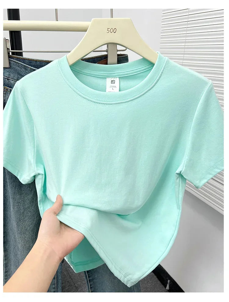 Women's Solid Short Sleeve Tee — Casual Y2K Top