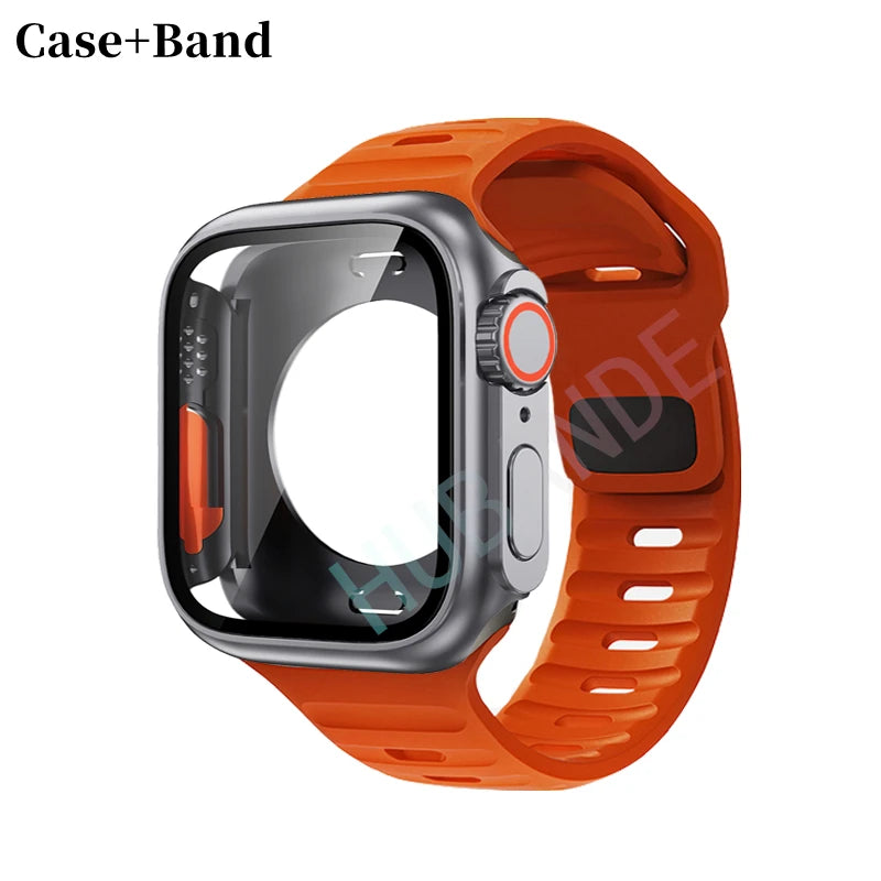 Silicone strap For Apple Watch 44mm 45mm 41mm 40mm Bracelet+Screen protectores Change to Ultra For iWatch Series 9 8 7 SE 6 5 3