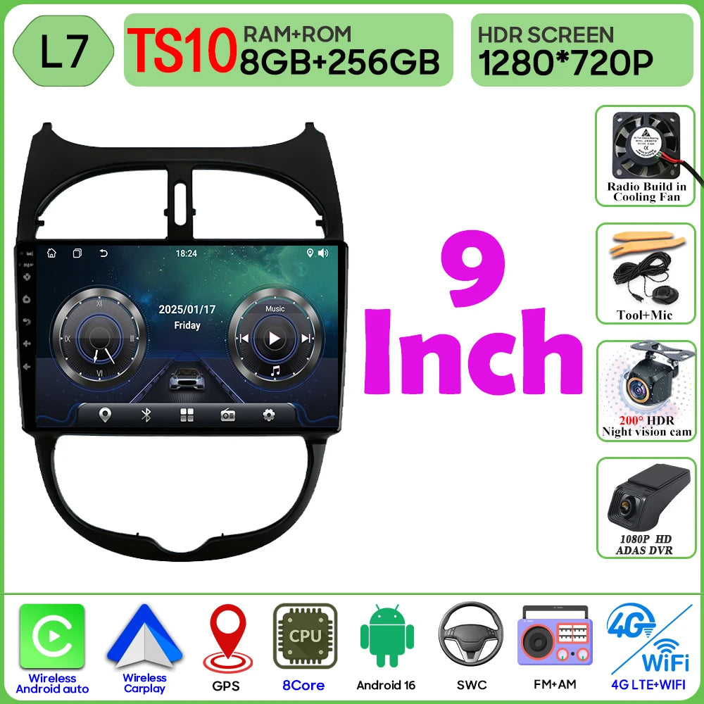 Android 16 Car Radio For Peugeot 206 206CC 1998-2012 Car Stereo Bluetooth 4G Wifi GPS Navigation Screen Wireless Carplay Monitor