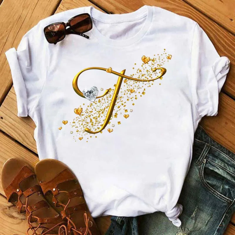 Women's Personalized Letter Graphic Tee — Gold Diamond-Font Monogram Short-Sleeve Top