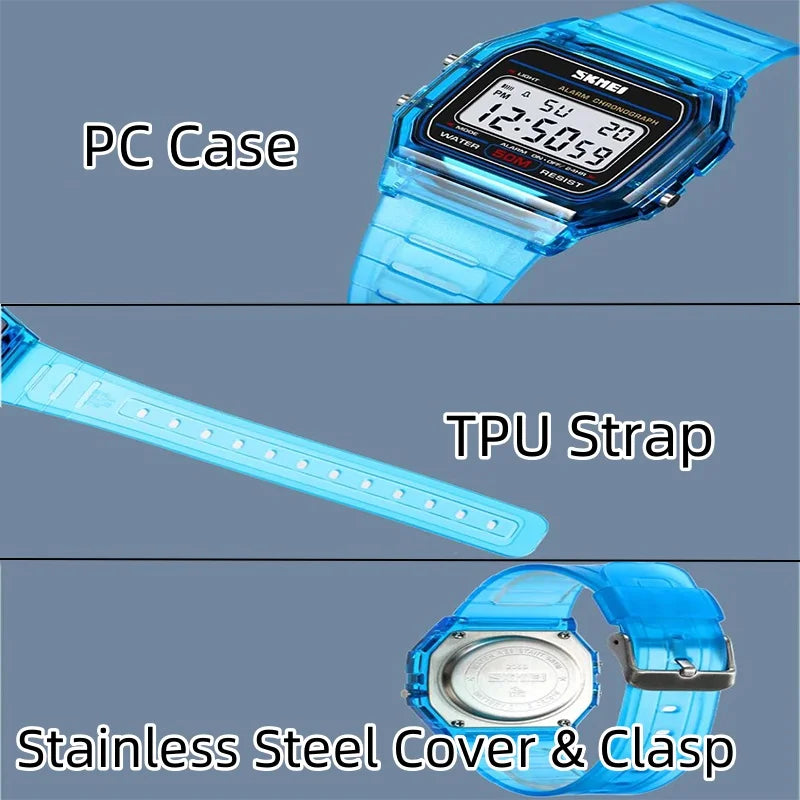 Skmei Women Digital Watches Fashion Transparent Case TPU Strap Led Waterproof Swimming Sports Wristwatch Female Alarm Clock