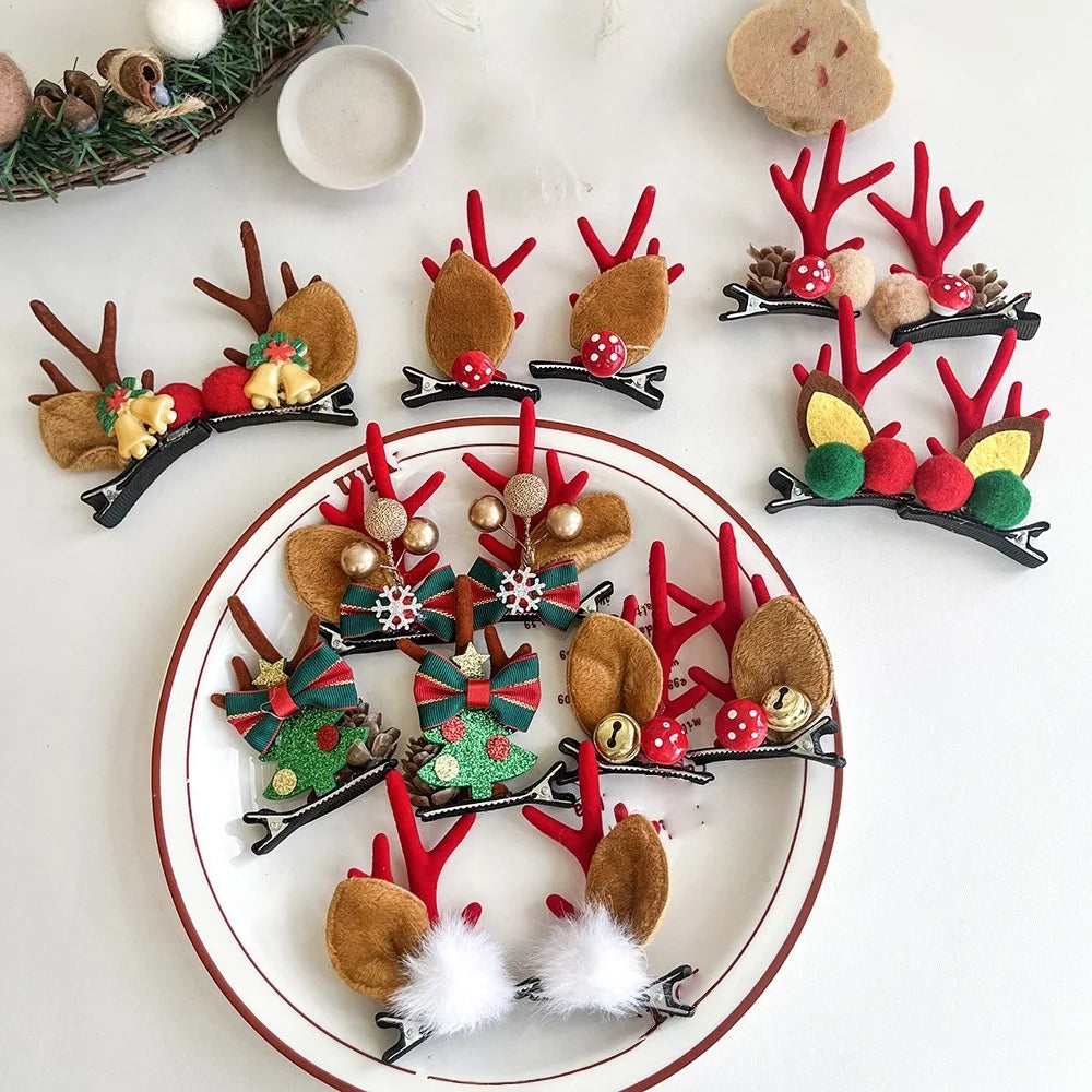1PC Christmas Hair Clips, Reindeer Antler Hairpins with Bells/Bows/Pinecones, Cute Xmas Hair Accessories for Kids Gift