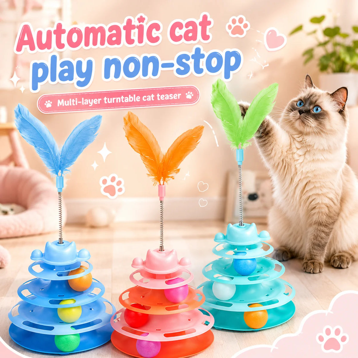 4-Layer Cat Track Toy with Feather Wand - Roller Turntable