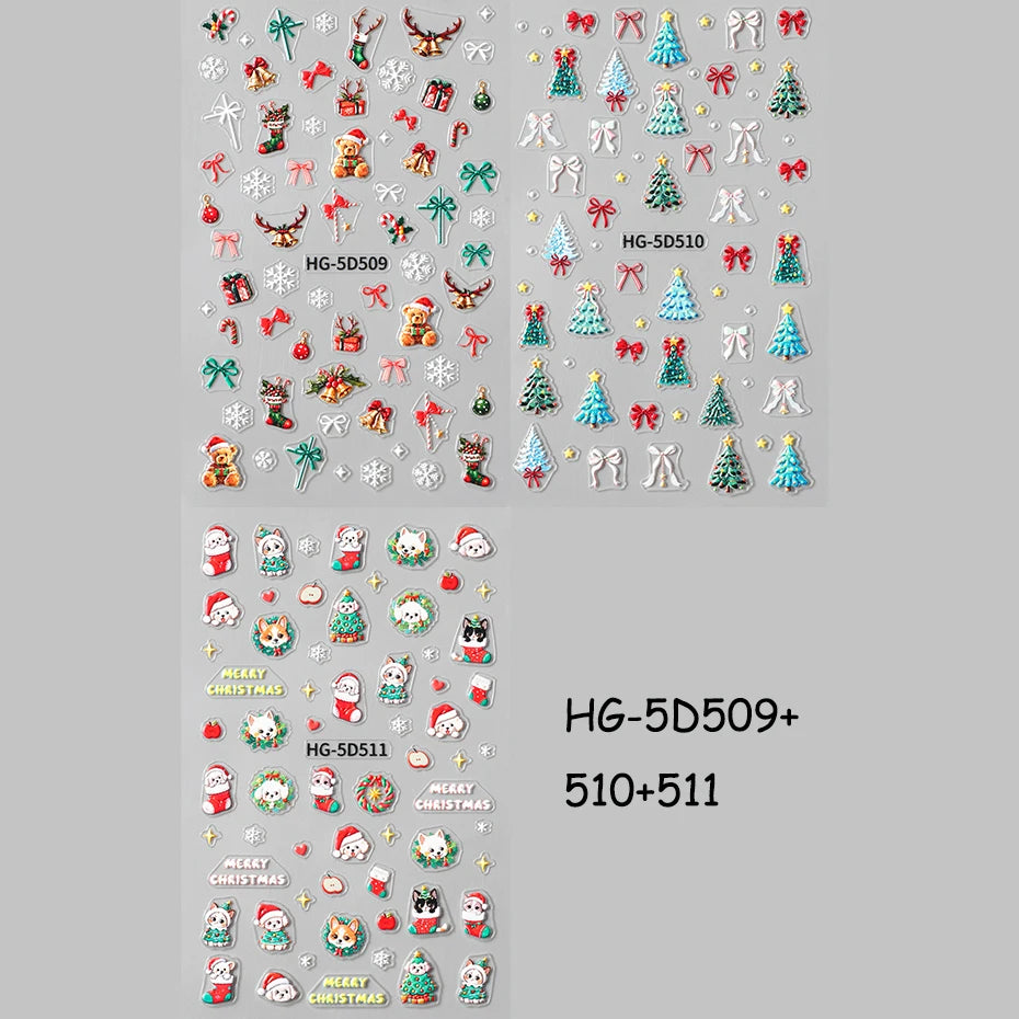 5D Embossed Cartoon Bear Snowflake Nail Stickers Christmas Trees Bow Self-Adhesive Decals for Nails Winter Christmas Nail Decor