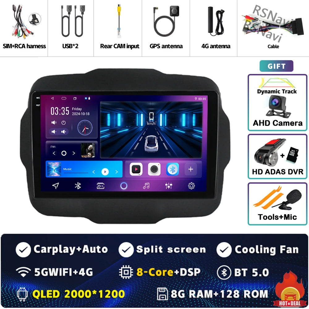Android 16 For Jeep Renegade 2016 - 2020 2K QLED Android Car Radio Multimedia Video Player GPS AI Voice CarPlay 4G Stereo