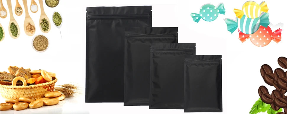 Resealable Coffee Herb Powder Zipper Pack Bag Smell Proof Flat Pouches Matte Black Small Aluminum Foil Zip Lock Mylar Bags
