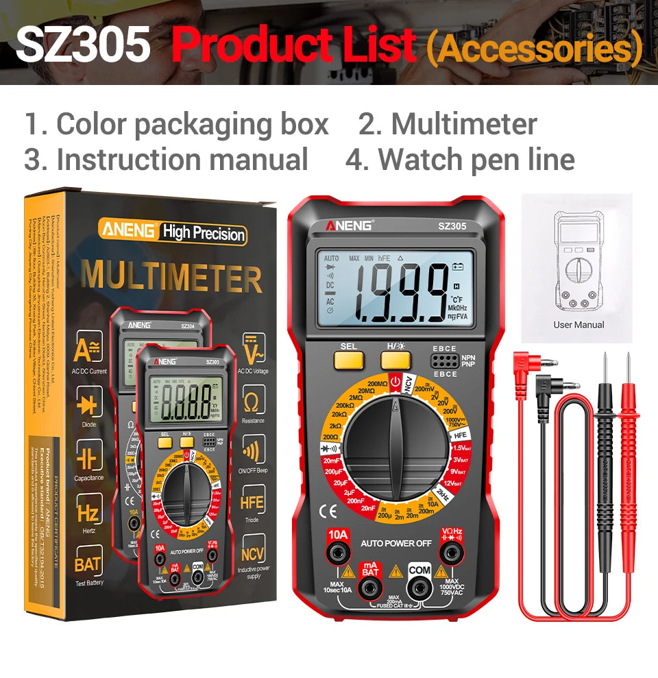 ANENG SZ305 Digital Multimeter Professional AC/DC Voltage Ammeter Capacitor hFE Triode NCV Voltage Induction Electrician Tester