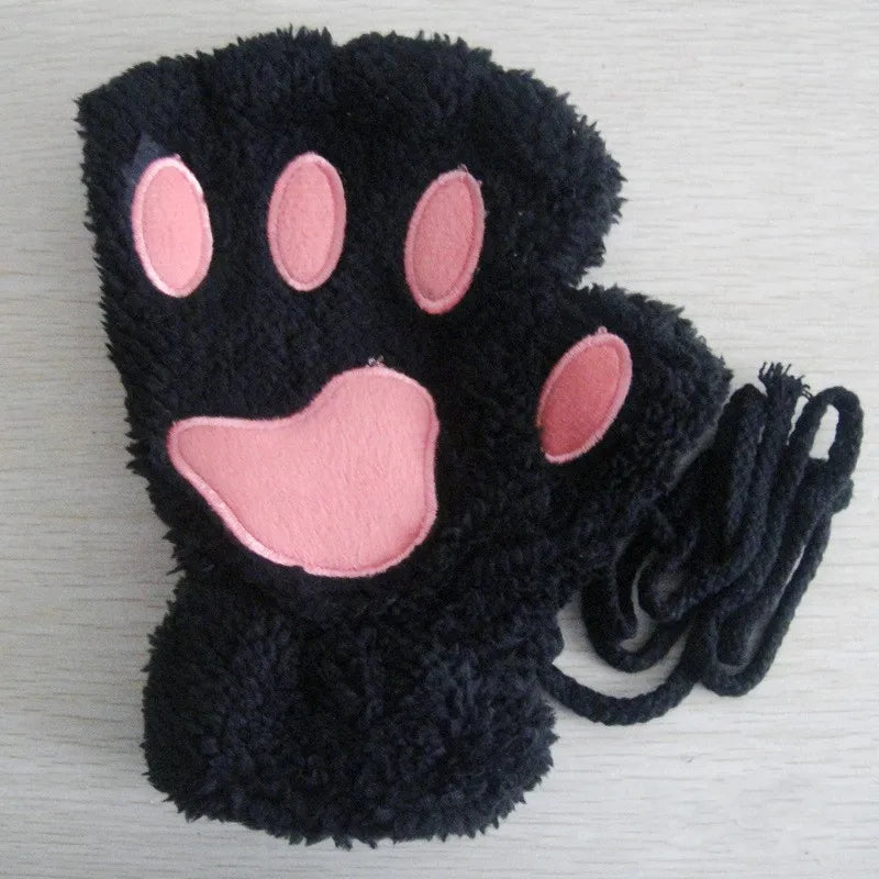 Women's Cat Paw Plush Mittens, Fingerless