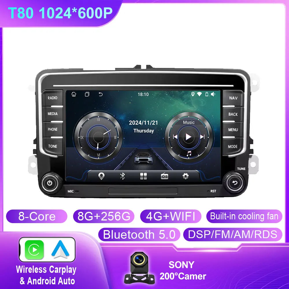 Car Stereo with Apple CarPlay & Android Auto, Compatible with VW Golf 5 6, Skoda Octavia, Passat B6, Polo & Jetta