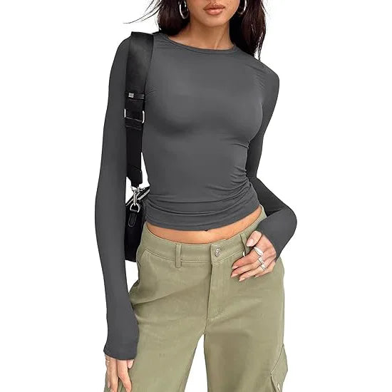 1pcs Four Seasons Fashion Senior Women T-shirt Long Sleeve Crew Neck Solid Slim Fit Tee Ladies Crop Top  Daily Streetwear Camis