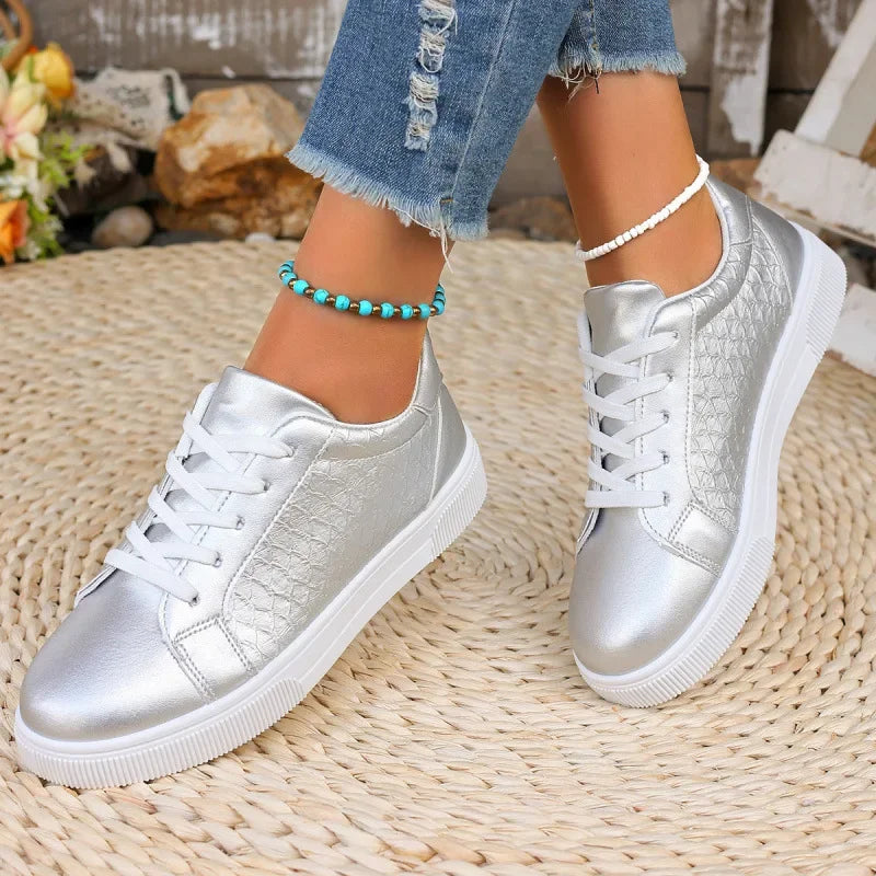 Metallic Lace-Up Sneakers for Women — Soft PU Leather Board Shoes, Plus Size