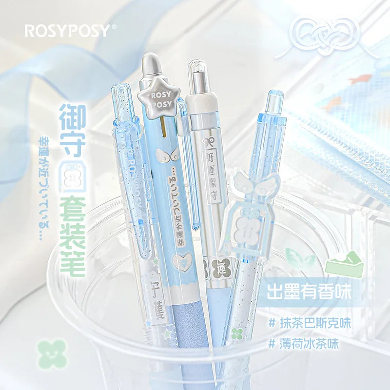 4pcs Good Luck Gel Pens Set Sweety Japanese Style 0.5mm Ballpoint Black Ink for Writing Student Back to School Kids Gift A3142