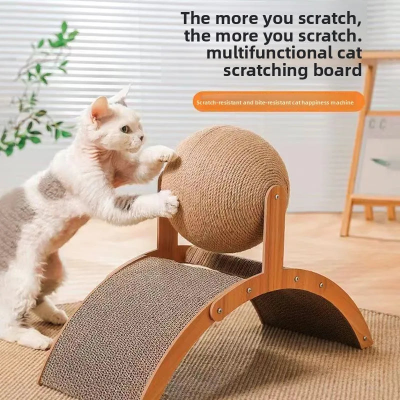 Cat Scratcher with Rolling Sisal Ball, Wooden Frame Sisal Cat Scratch Pad Kitten Grinding Claw Toy Indoor Cat Furniture for Sofa