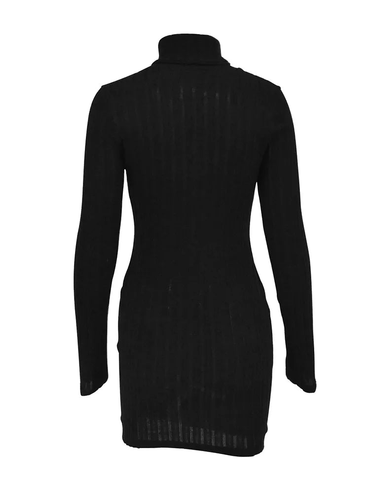 Autumn Women Mini Dresses For Solid Long Sleeves Turtleneck Sexy Bodycon Sheath Dress Club Elegant Party Dress Pullover Clothing