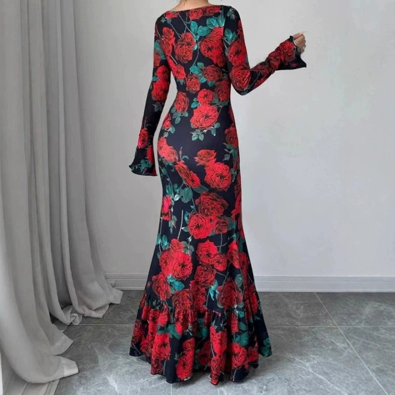 Elegant Rose Print Fishtail Maxi Dress – Long Sleeve