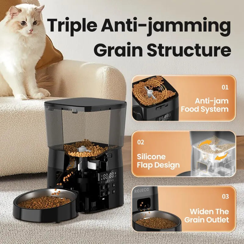 ROJECO Automatic Pet Feeder – 2L Smart Button Control Cat & Dog Food Dispenser | US/EU/KR Plug