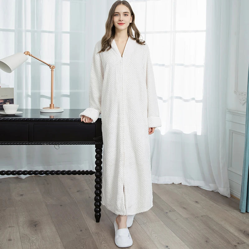 Women's Long Zip-Up Flannel Bathrobe, Plus Sizes