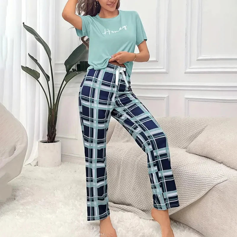 Women's Crew Neck Tee & Plaid Pants Pajama Set - photo 3