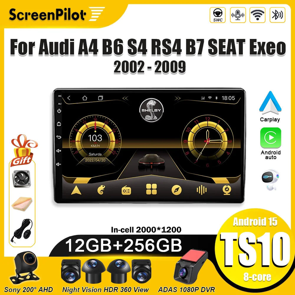 Android Car Stereo for Audi A4 B6 B7, S4, RS4 & Seat Exeo (2002–2009) — CarPlay, Bluetooth, 2-DIN