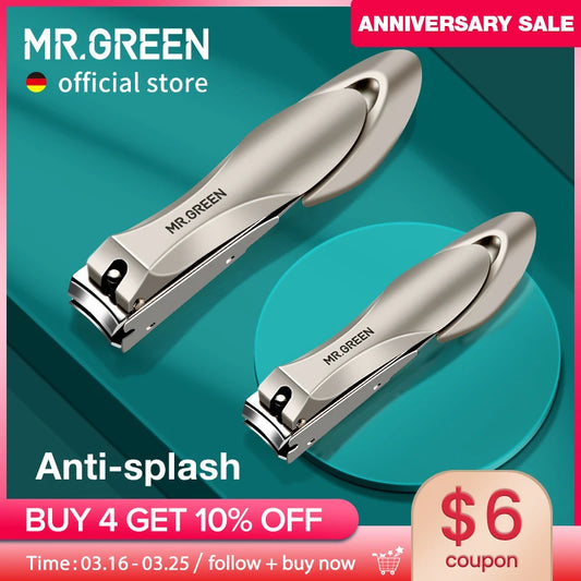 MR.GREEN Professional Nail Clipper Set – Anti-Splash Stainless Steel Fingernail & Toenail Cutter | Ergonomic Bionic Design Manicure & Pedicure Tool