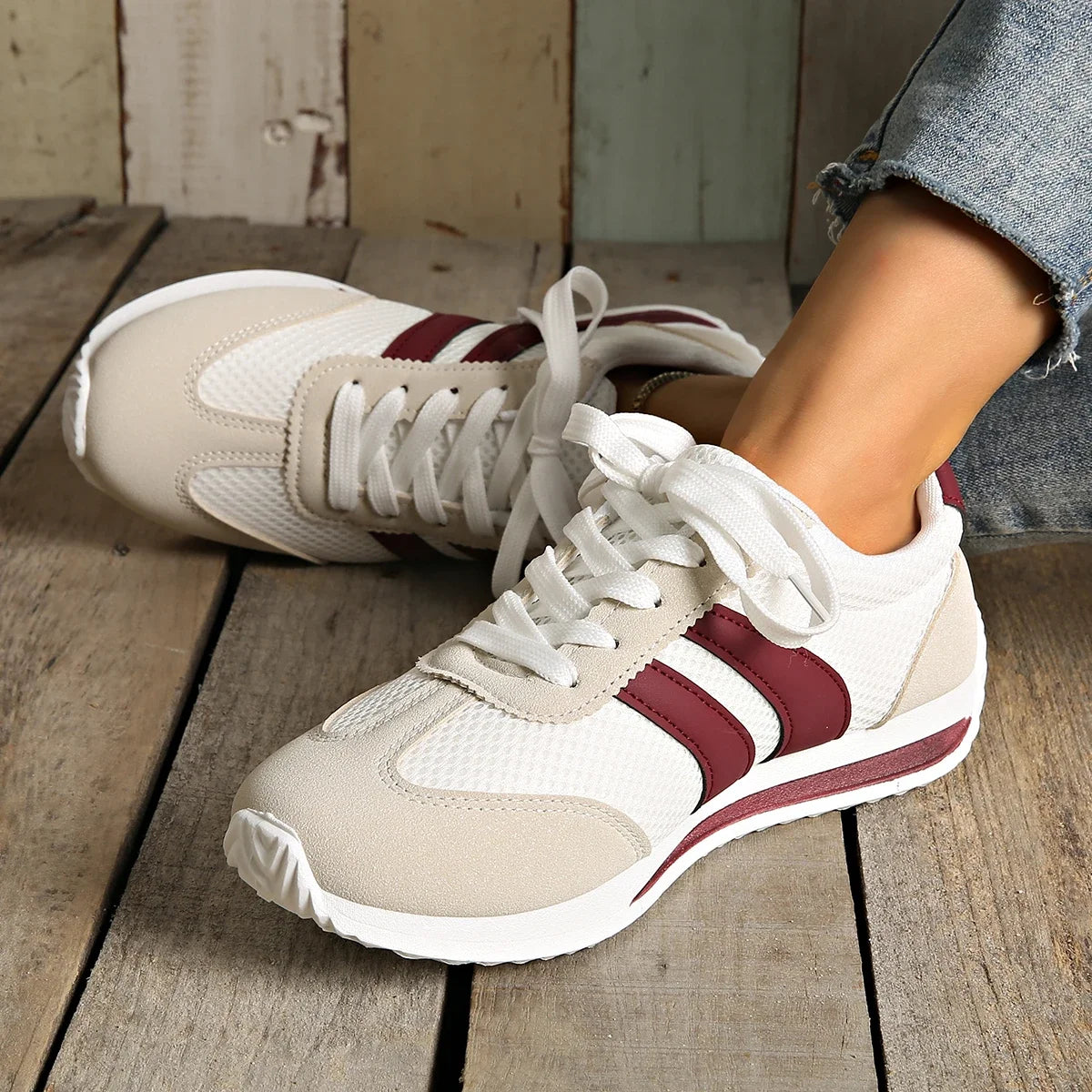 Striped Platform Sneakers for Women — Vulcanized Lace-Up Casual Running Shoes