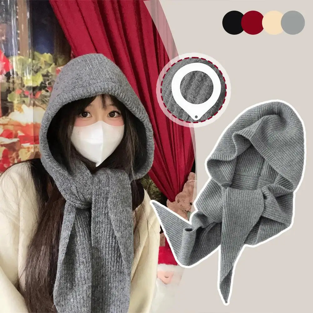Winter Hats for Women Knitted Polyester Hooded Scarf Hat for Women Balaclava Knit Skull Cap Beanie Hat