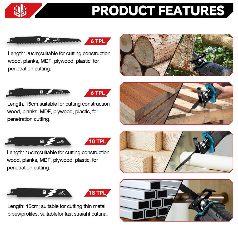 ONEVAN 3000W Cordless Reciprocating Saw Adjustable Speed Chainsaw Wood Metal Pipe Cutting Electric Saw For Makita Battery Pin