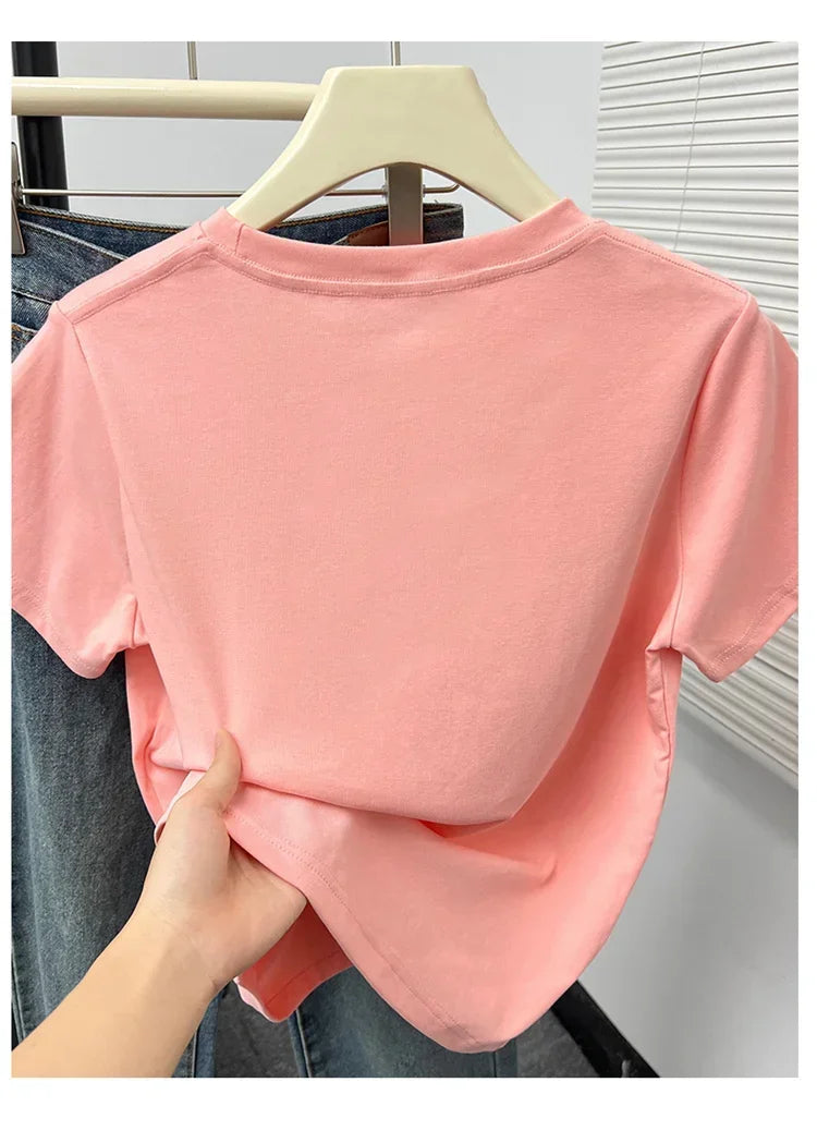 Women's Solid Short Sleeve Tee — Casual Y2K Top