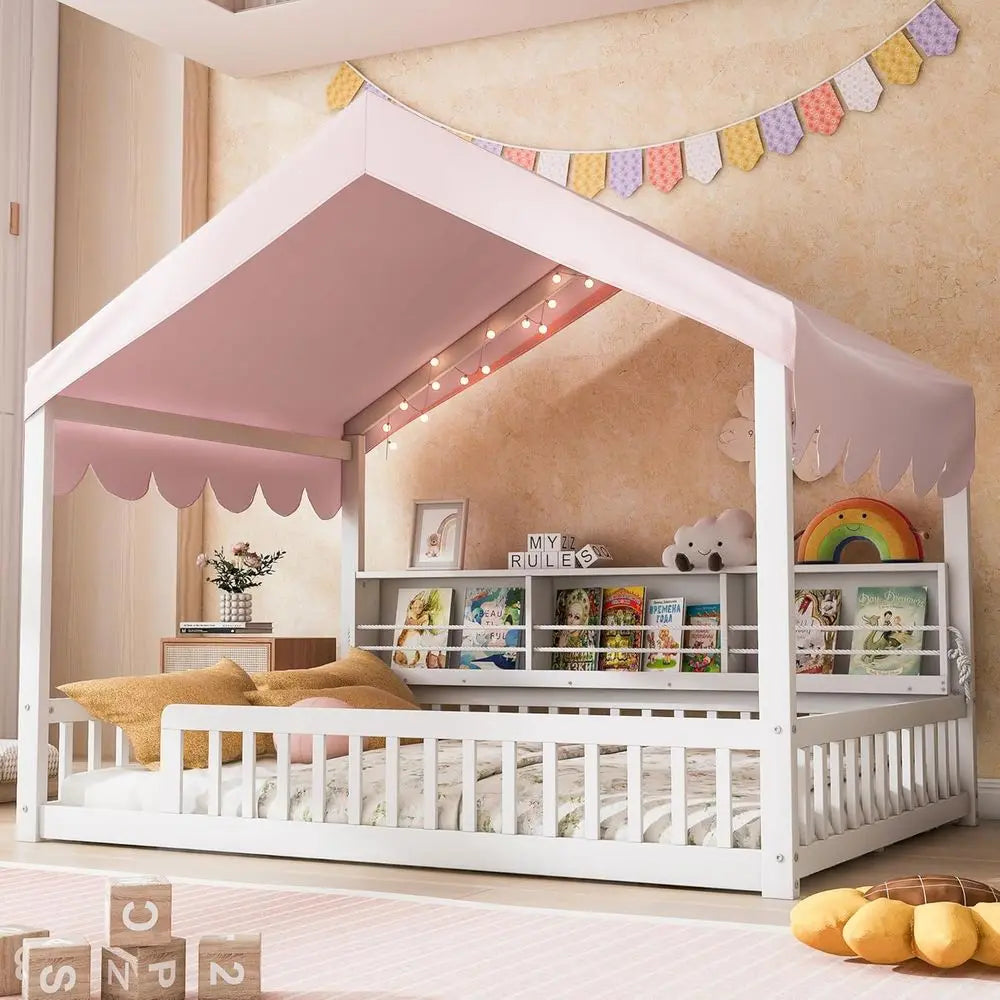 Full Size Wooden Loft Bed for Kids with Stairs, Storage Shelves, Curtain, and LED Lights, White & Pink