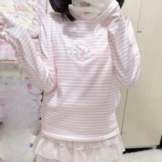 Ezgaga Women T Shirts Sweet Cartoon Cat Embroidery Long Sleeve Striped Turtleneck Neck Basic Autumn Winter Fashion Tops Y2k