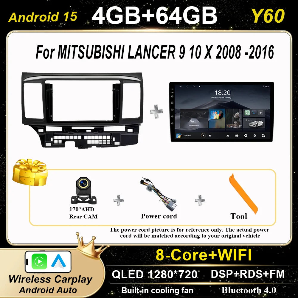 Android Car Stereo for Mitsubishi Lancer 9, 10 & X (2008–2016) — CarPlay, GPS, DSP, 4G+WiFi, 2-DIN
