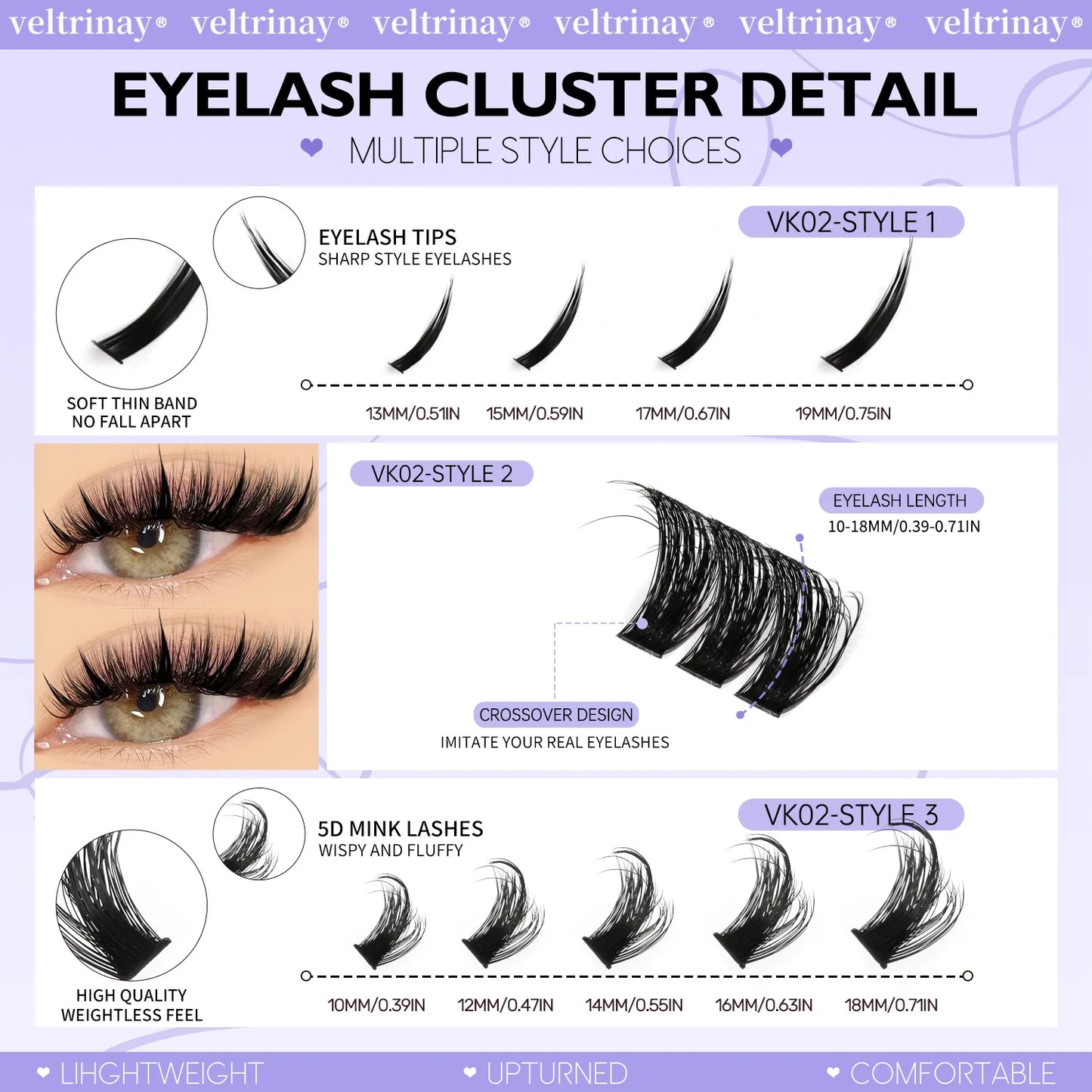 VELTRINAY Fluffy Lash Clusters Manga Lashes Spikes Lashes Mixed Lash Tray Natural Faux Mink Lashes Eyelashes Extension Makeup