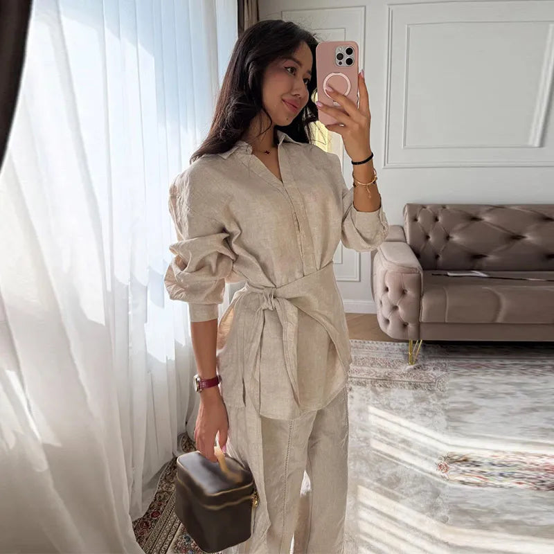 Linen Lace-Up Shirt & Wide-Leg Pants Set — Women's 2-Piece