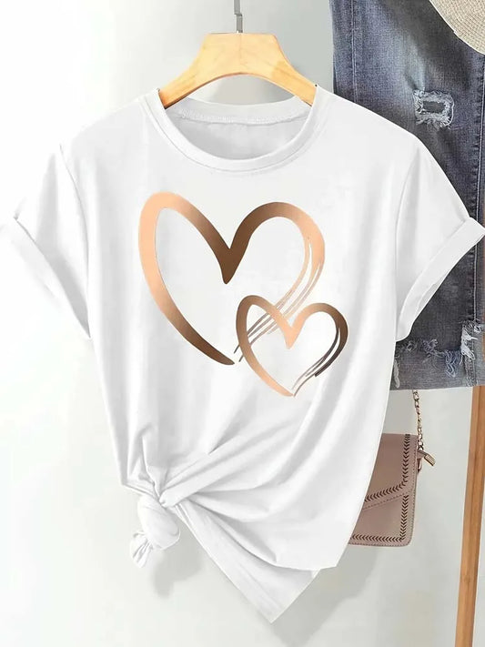 Women's Heart Printed Summer T-Shirt - Short Sleeve Round Neck