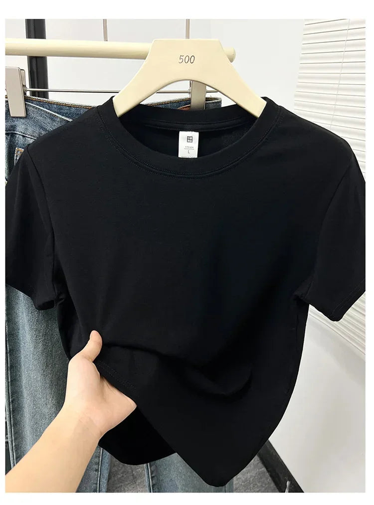 Women's Solid Short Sleeve Tee — Casual Y2K Top