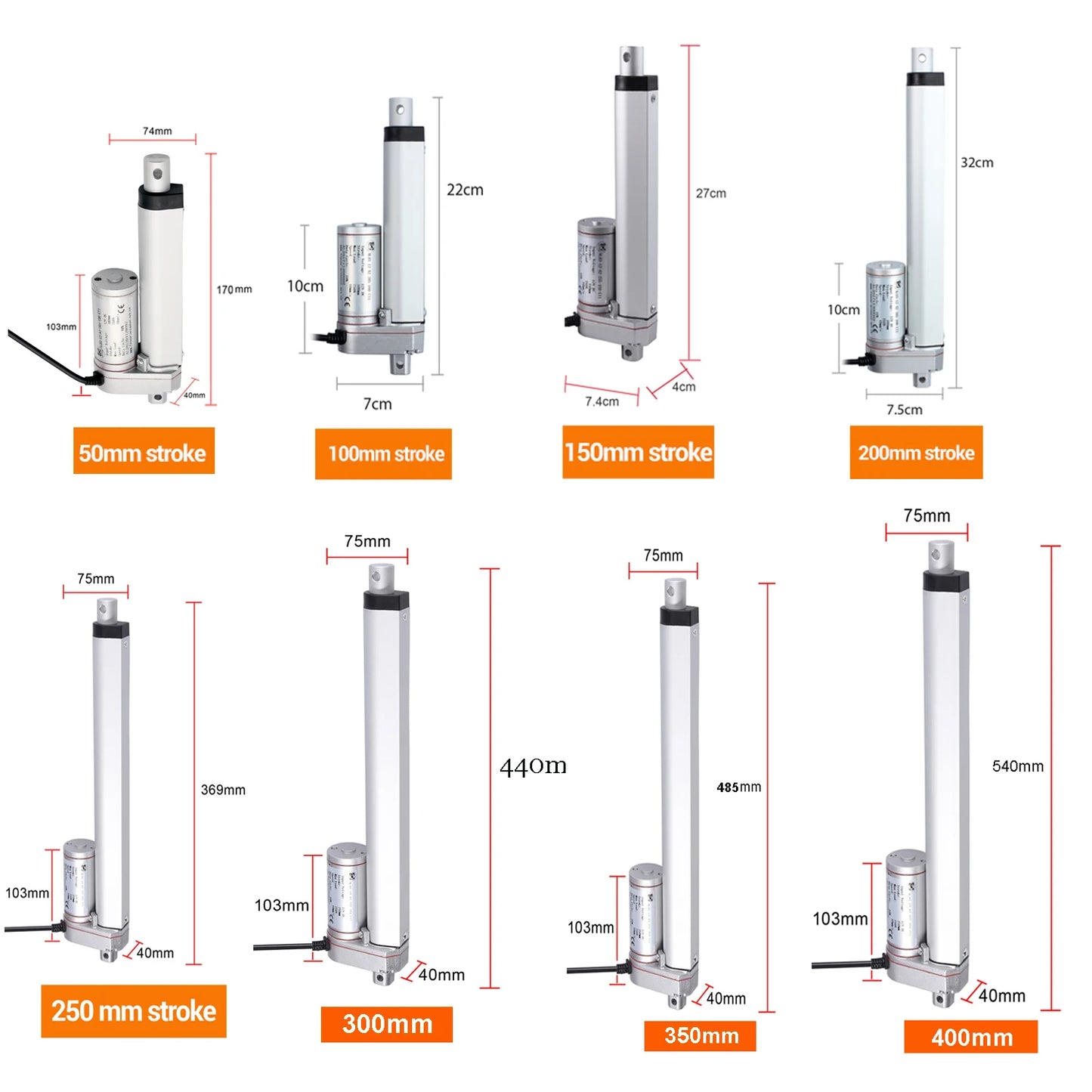 1000N DC 12V Linear Actuator Push 100kg 1000N 50mm 100mm 150mm 200mm 250mm 300mm 350mm Stroke Linear Drive Electric Motor 14mm/s