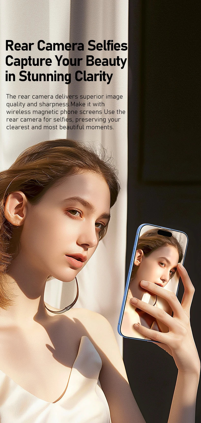 Smartphone Rear Camera Selfie Display Screen Wireless Wi-Fi Mirroring Magnetic Attachment for iOS Android Harmony OS