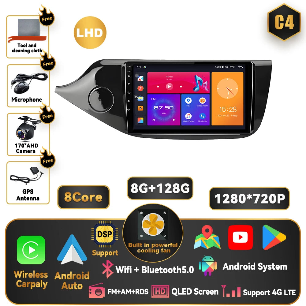 Android 15 Carplay For Kia CEED 2 JD 2012 - 2018 Car Radio Stereo Multimidia Player GPS Bluetooth DSP 2din Stereo QLED Screen